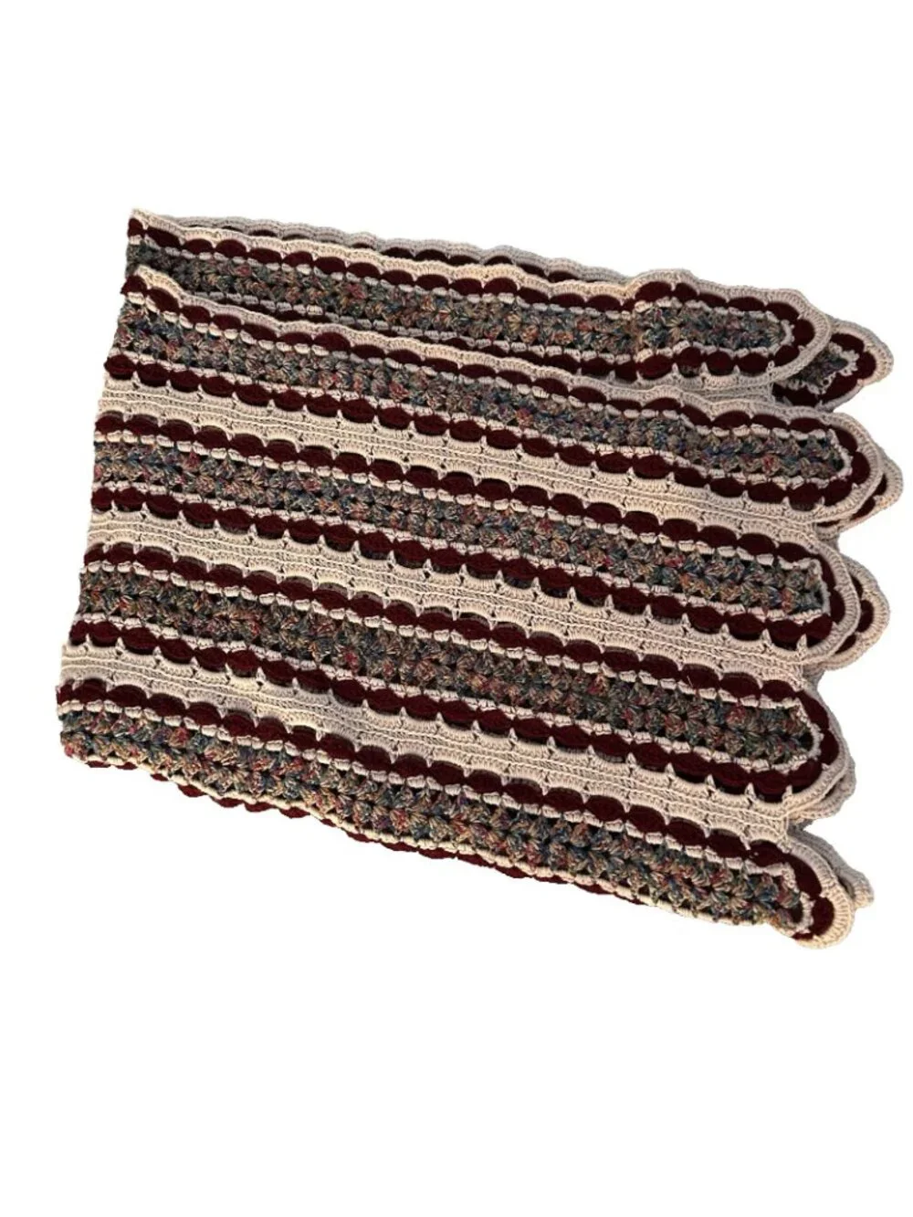 Vintage Handmade Crochet Afghan Throw Blanket Mile A Minute Scalloped Burgundy